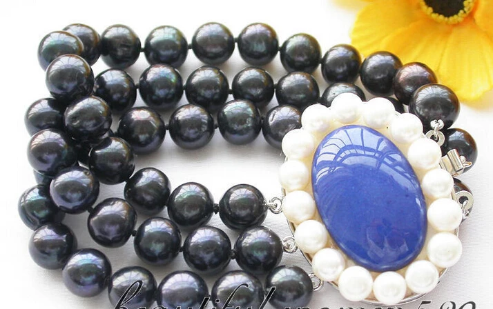 

z3237) 3row 11mm black round freshwater pearl bracelet lapise SHIPPING 5.25