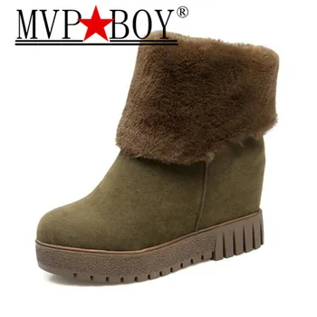 

MVP BOY Free Shipping Size 34-44 Women Wedges Mid Calf Snow Boots Women Plush Fur Winter Thick Platform Slip On Shoes Women