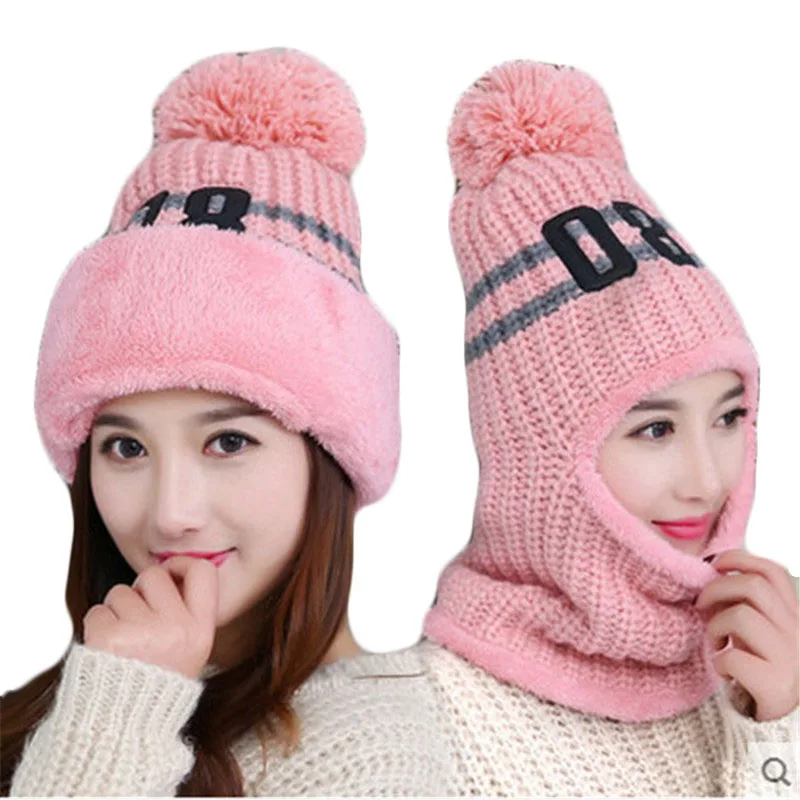 New Fashion Winter Women 's Hat Ladies Wool Plus Cashmere Warm Knitted Hat Female Outdoor Windproof Protection Ear Girl Mask Cap