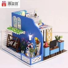 IiE создания DIY деревянный кукольный домик кукольный дом приморский праздник Строительство модели мебели игрушки с мебелью светодиодный свет подарок на день рождения