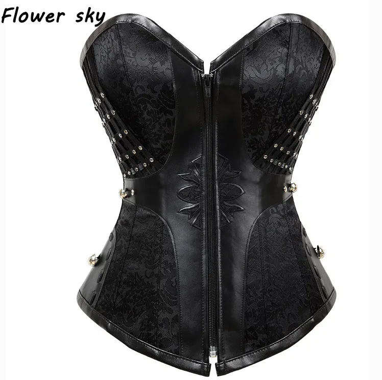 Flower sky steampunk corsets and bustiers rivet corset pu leather gothic punk corset zip