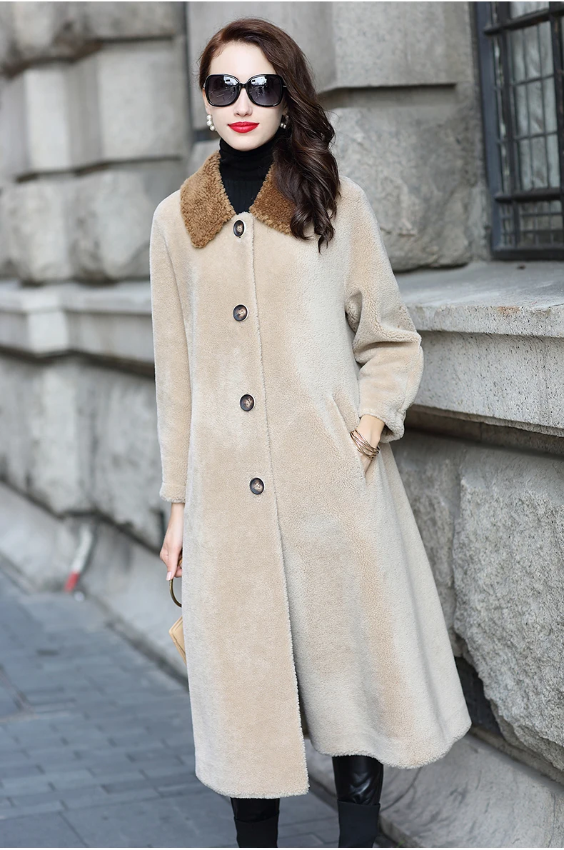 Cheap AYUNSUE Sheep Shearling Jacket  Women Real Wool Fur Coat  2019 New Female Long Warm  Overcoat chaqueta mujer invierno LX2377 5