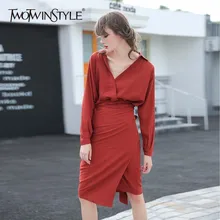 TWOTWINSTYLE Tunic Dress Female V Neck High Waist Patchwork Slim Bodycon Midi Long Dresses Spring Fashion Elegant Clothing
