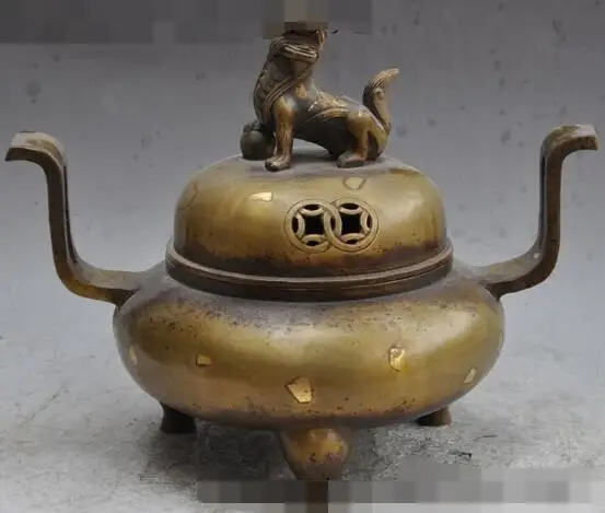 

S01631 13"chinese dynasty palace bronze foo dog lion beast statue incense burner Censer