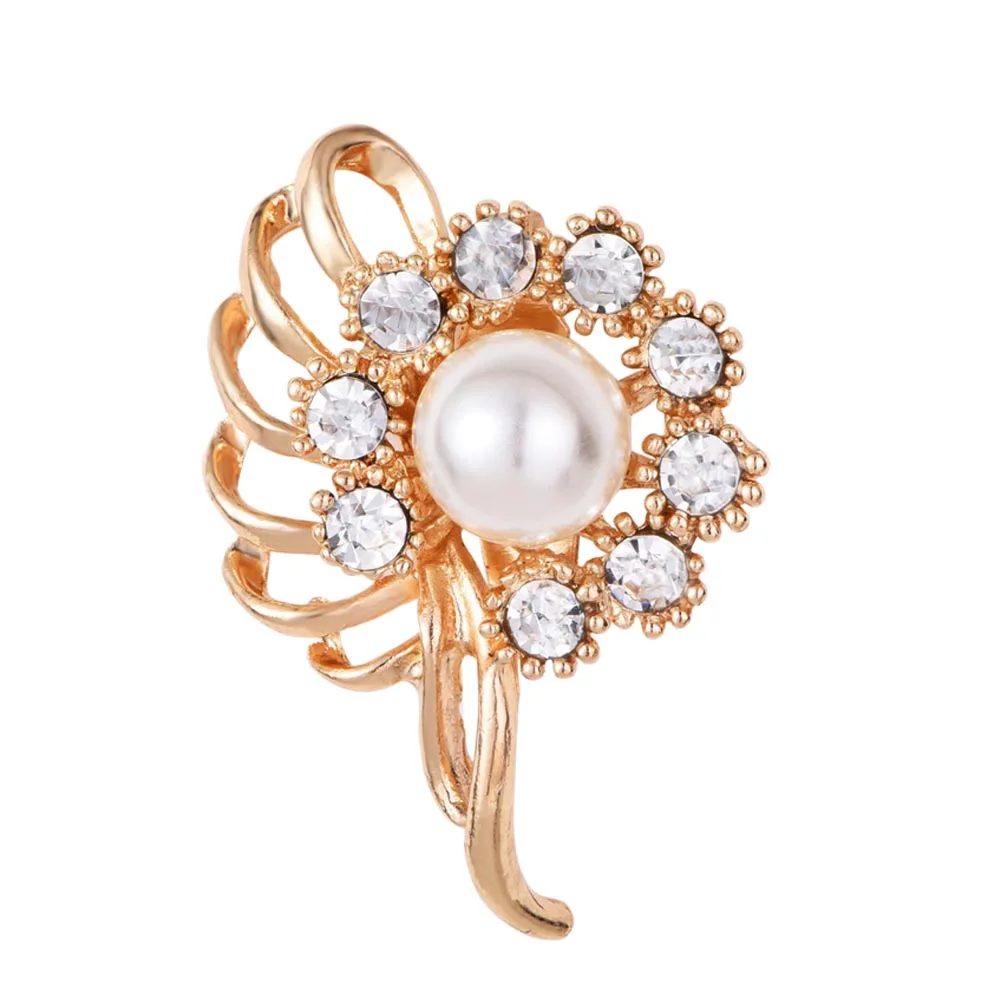 

Gold Color Simulated Pearl Flower Brooches Rhinestone Scarf Buckles Corsage Exquisite Pins For Woman