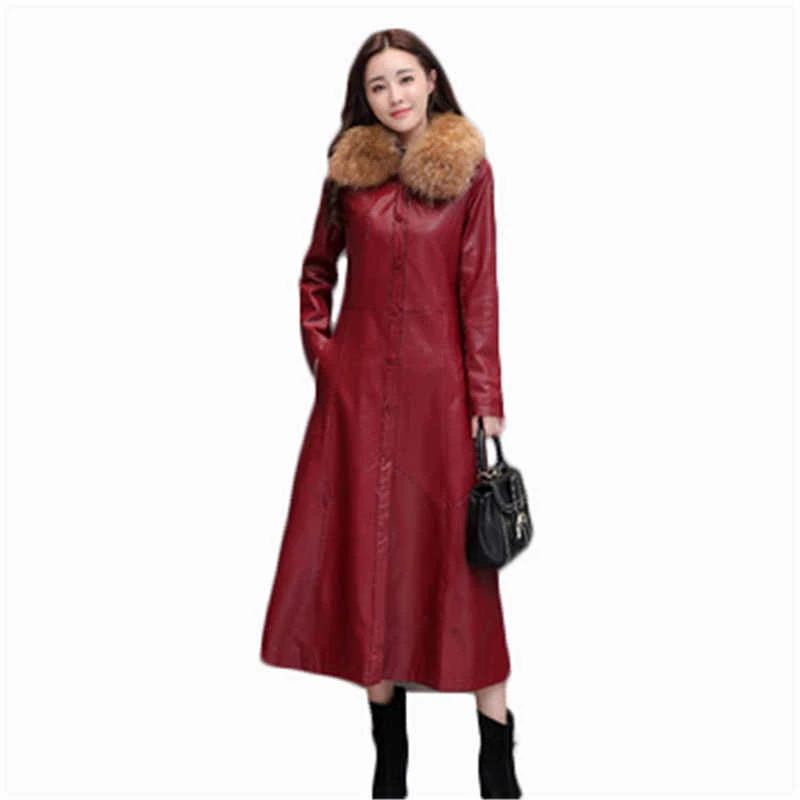 Winter women's leather Coat Slim large size single-breasted women Big Fur Collar leather Female windbreaker PU leather CoatJ836