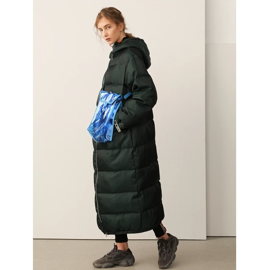 IRINAY046 2018 New Collection special fabric shiny dark green simple long oversized white duck down jacket winter coat women