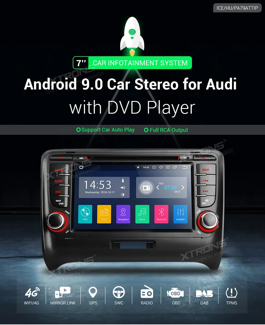 Cheap 7" Android 9.0 Pie OS Car DVD Multimedia Navigation GPS Radio for Audi TT MK2 (8J) 2006-2014 with Car Play Function Support 1