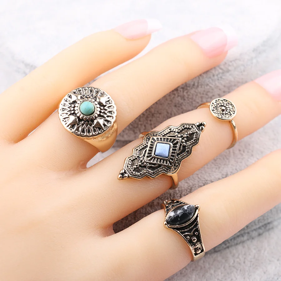 4Pcs/lot Fashion Gold Silver Midi Rings For Women Indian Knuckle Finger Viking Ring Set Vintage Tibetan Jewelry Boho Accessories
