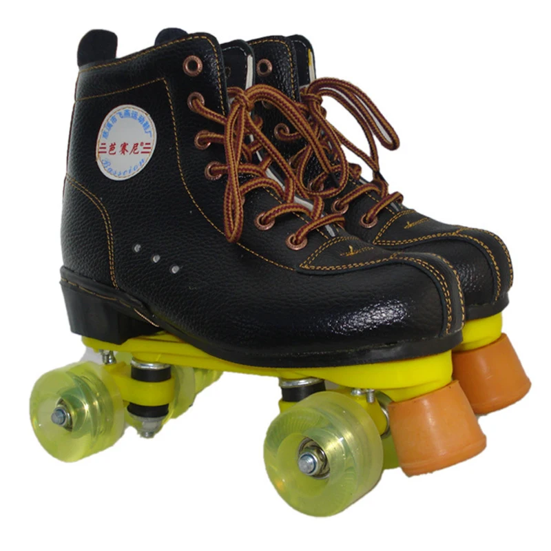 Дети унисекс двойной линии ПУ кожа Крытый Quad параллельная обувь для скейтборда сапоги 4 PU колеса черные с тормозом дышащие