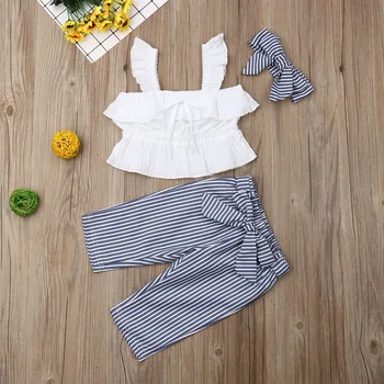

Pudcoco Toddler Baby Girl Clothes Strap Ruffle Crop Tops Bowknot Striped Pants Headband 3Pcs Outfits Summer Clothes