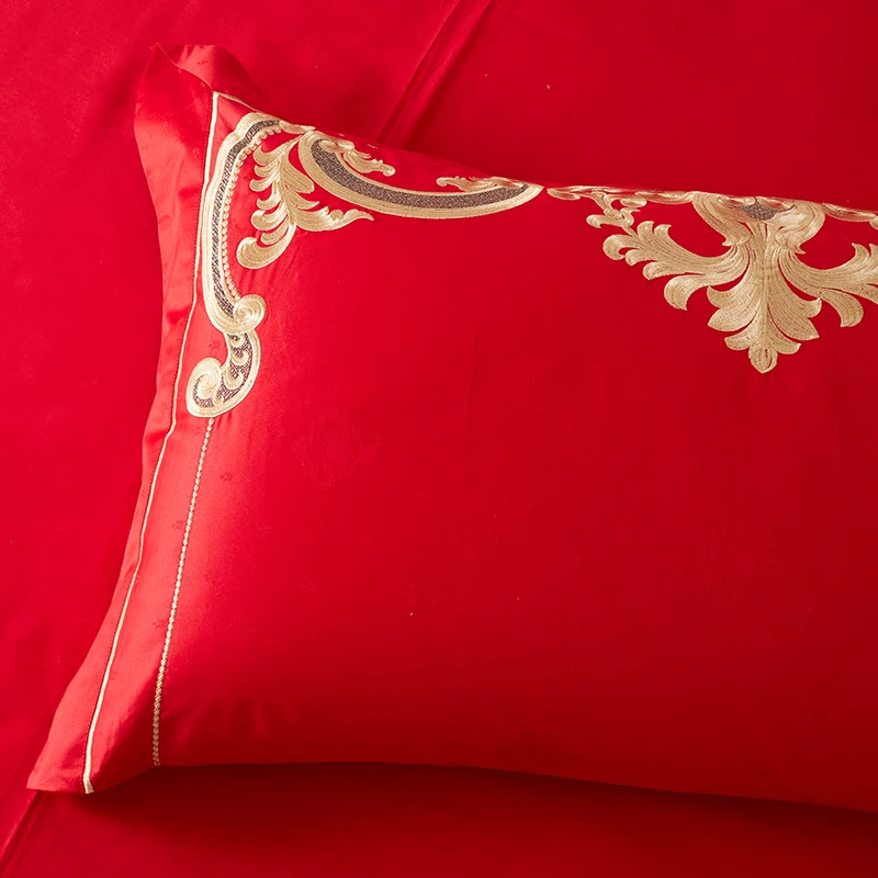 Top 1000 Thread Count Red 100% Cotton Wedding 4 Piece Bedding Set Euro Baroque Gold Embroidery Bed Linens Queen King Size Bed Set 2