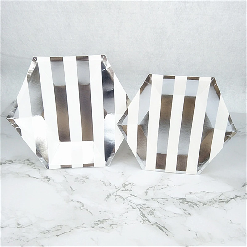 

Free Shipping 48pcs Foil Silver Stripe Hexagon Large 9inch Small 7inch Paper Plates for New Year Birthday Gender Reveal Party