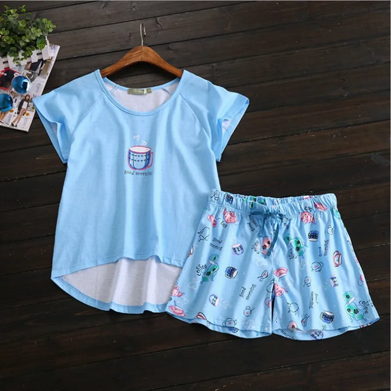 

Sweet pajamas sets with cute coffee cups tea cups letters printed blue color fashion women asymmetric pijamas sets hot selling