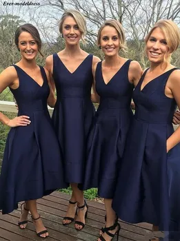 

Navy Hi-Lo Simple Bridesmaid Dresses 2019 Satin A-Line V-Neck Zipper Back Tea-Length Wedding Party Dresses Prom Dresses