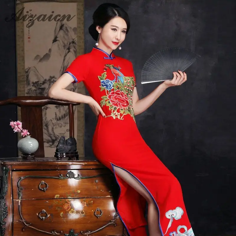 Китайский невесты Cheongsam длинное платье современное Ципао красный кружево Тонкий Винтаж модные принты Платья вечерние партии Прополка