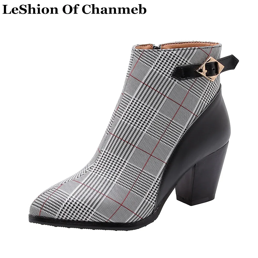 

PU leather houndstooth spike high heels booties women fall autumn winter short boots zipper point toe plus size 45 46 shoes 2020