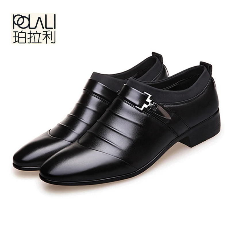 

POLALI 2018 black brown white men leather shoes mens pointed toe dress shoes high quality formal slip on hollow out sandals man