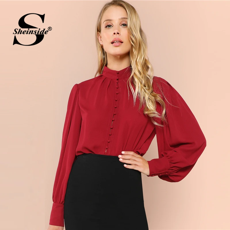 Sheinside Burgundy Stand Collar Ladies Work Top Bishop Long Sleeve Button Up Plain Autumn Casual Womens Tops and Blouses Blouses