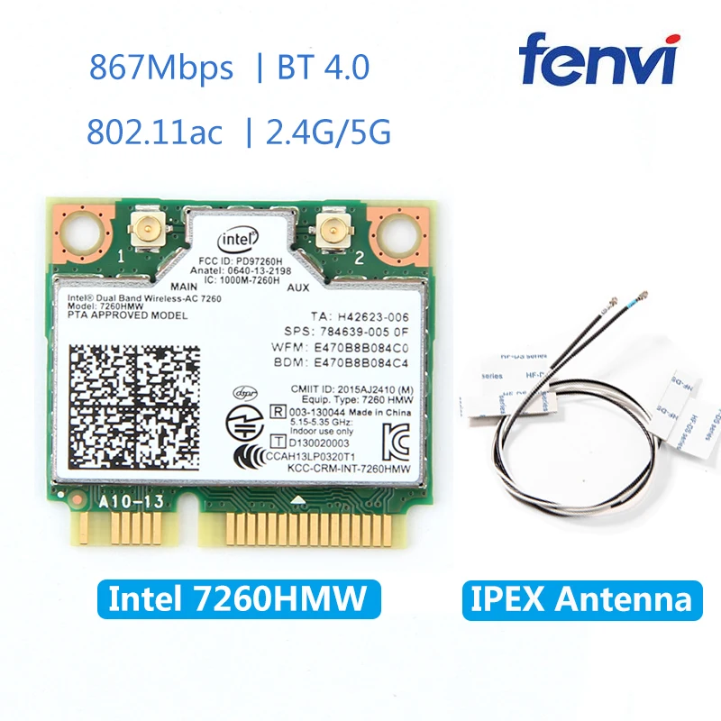Cena Bezprzewodowy 7260HMW Mini PCI E karty Wifi dla Intel AC 7260 Dual Band 867 Mbps 802.11ac 2.4G 5G bluetooth 4.0 + 2x U. FL anteny IPEX