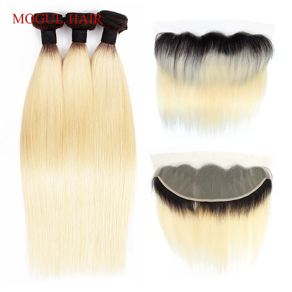 

MOGUL HAIR 1B 613 Dark Root Platinum Blonde Bundles with Frontal 2/3 Bundles with Frontal Indian Straight Remy Human Hair Weave