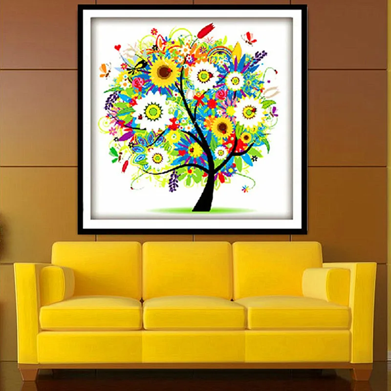 

Counted Cross Stitch Kit Embroidery Set Colorful Tree 14CT 45*45cm Home Decor Pastoral painted landscapes diagram GM472