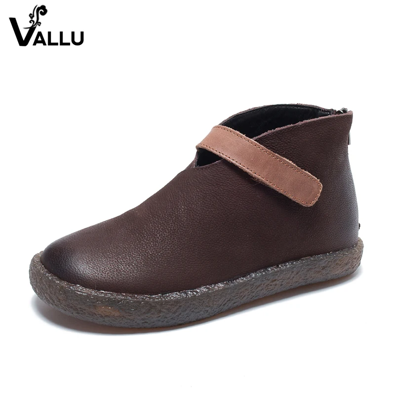 

2018 VALLU New Arrival Genuine Leather Shoes Women Flat Boots Round Toes Back Zipper Ladies Ankle Boots