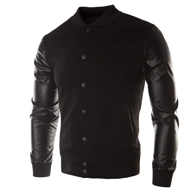 Men Streetwear Clothes Fashion Design Cool College Baseball Jacket Black Pu Leather Sleeve Mens Slim Fit Bomber Jacket Coat - Цвет: Черный
