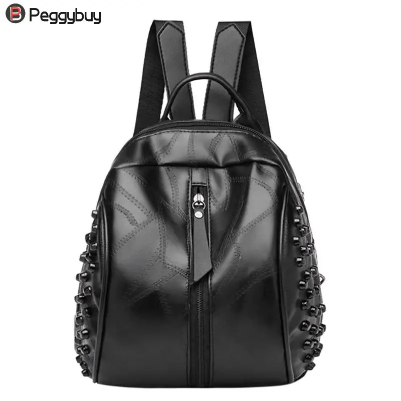 

Small Women Backpacks Rivet Zipper Pu Leather Student Backpack Preppy Fashion Bag Girls Women's Backpack