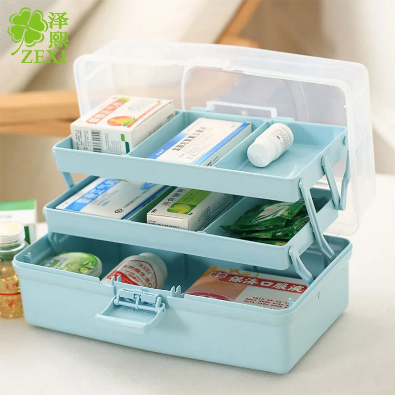 

Multi-function Plastic Storage Drug Box Modern White Blue High Capacity Portable Three Folding Jewelry Receiving Storage Box