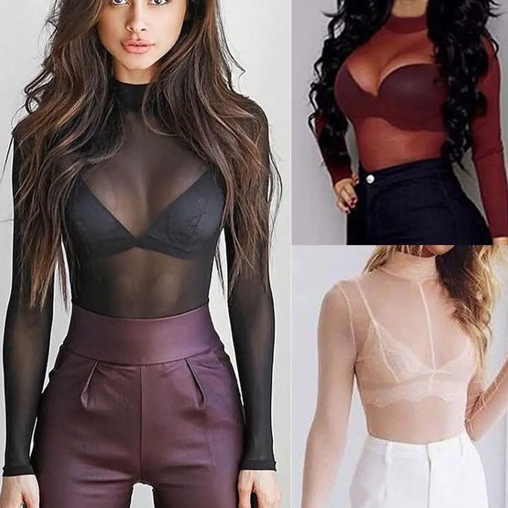 

2019 Sexy Women See Through Top Sheer Mesh Blouse Long Sleeve Tops Turtle Neck Size:S-XL 3 Colors