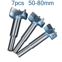 7pcs 50mm-80mm Forstner Drill Bits Tips Sets Woodworking Tools Hole Saw Cutter Hinge Boring Round Shank Tungsten Carbide Cutter