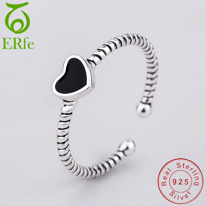 

Vintage Exquisite Small Black Heart Ring for Women Adjustable Pure 925 Sterling Silver Rings Female Alliance Femme SR002