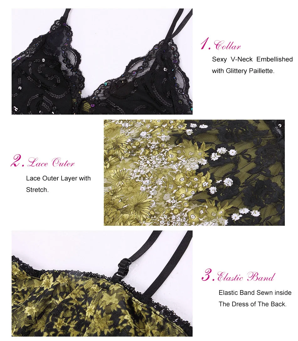 Women's Sexy Spaghetti Strap V-Neck Lace Cocktail Dress Details