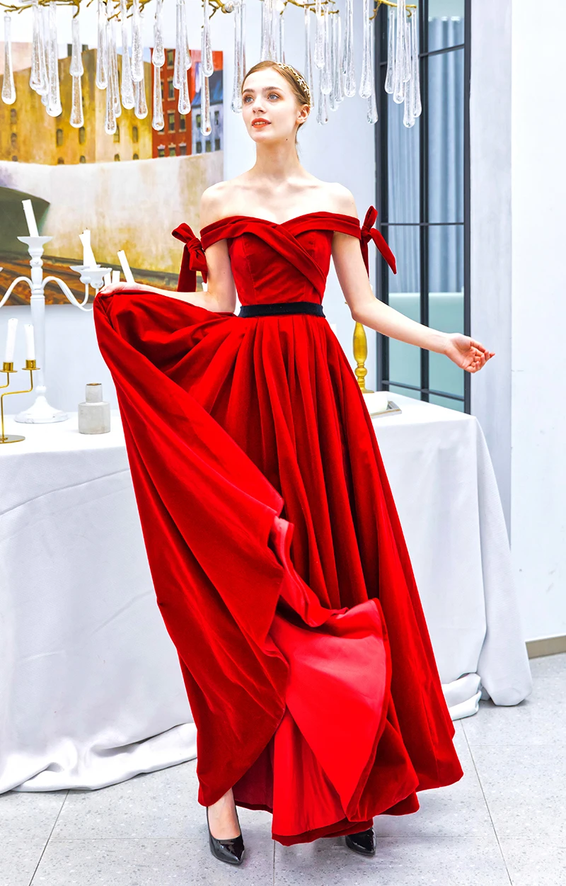 Красные вечерние платья Abendkleider vestidos de cerimonia длинные с открытыми плечами велюр лук линии простой Формальные Пром наряды для танцев
