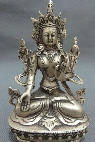 

Fast shipping Tibet Silver Buddhist Joss Protect Set Lotus 7 Eyes White Tara Buddha Statue