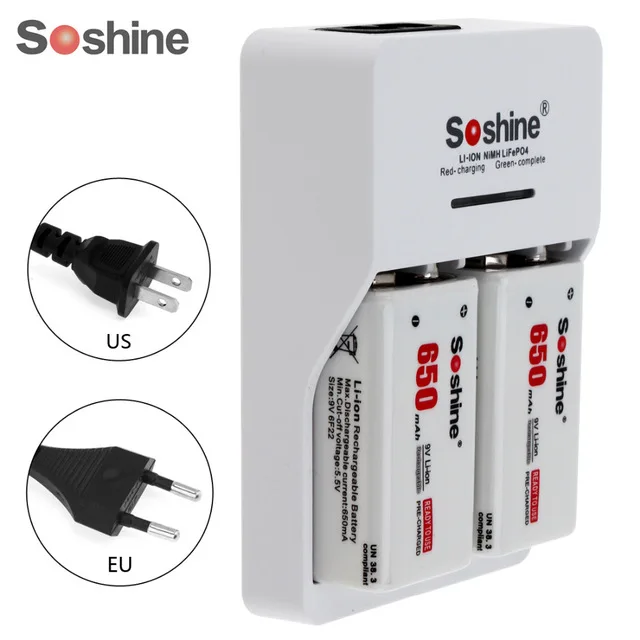 

2pcs/set 9V 6F22 650mAh Li-ion Rechargeable Battery + 9V Smart Charger with LED Indicator
