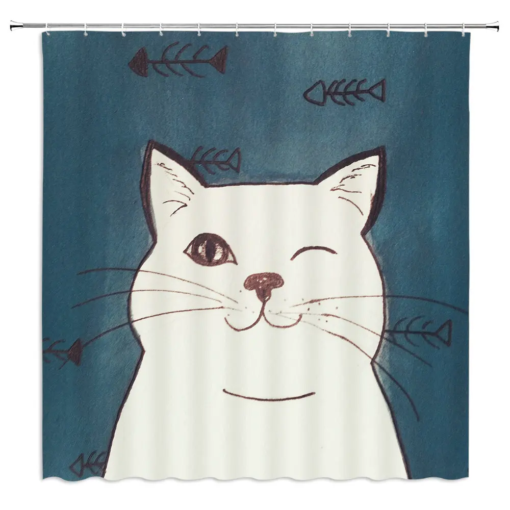 

White Cute Cat in Naughty Blinking Waterproof and Mildew-Proof Bathroom Curtain Shower Curtain Polyester