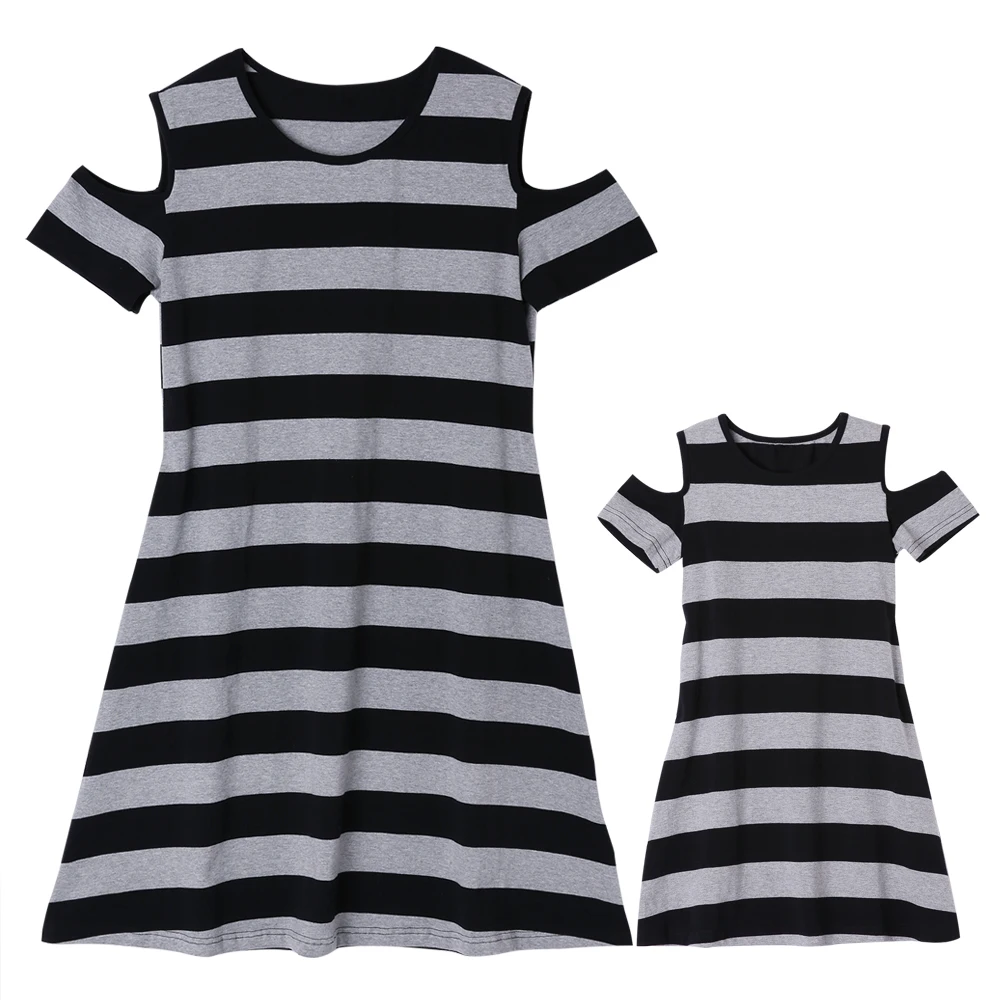 

Gray Striped Summer Casual Off-the-shoulder Loose A Swing Skirt Mom And Me