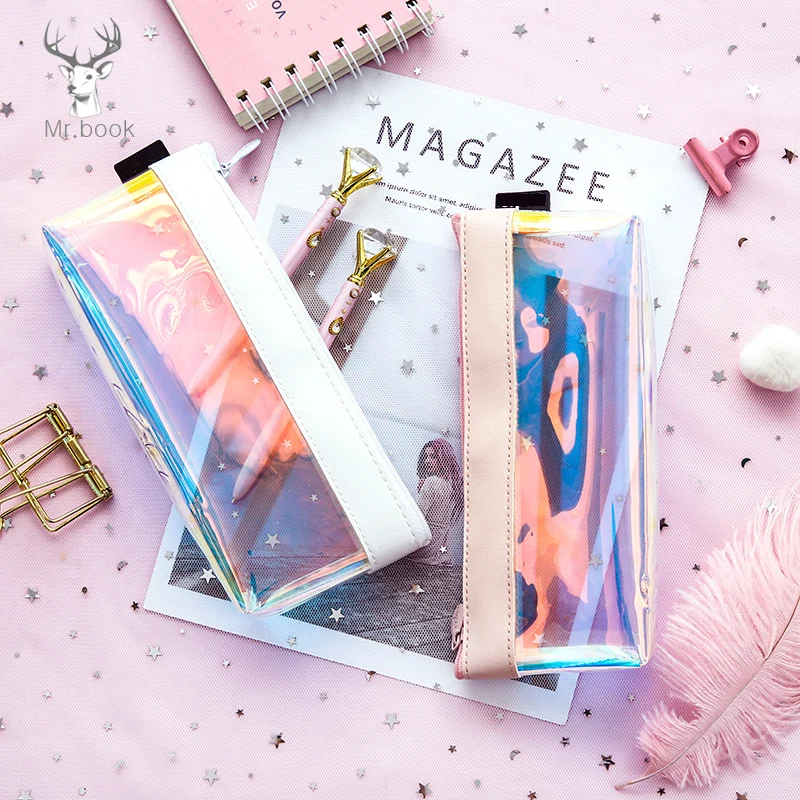 

Transparent Iridescent Laser PU Pencil Case School Supplies Stationery Gift Pencilcase School Cute Pencil Box School Tools