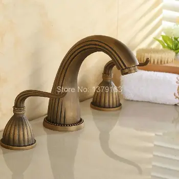 Deck Mounted 3 Holes Bath Tub Mixer Tap Vintage Retro Antique Brass Widespread 2 Handles bathroom basin Faucet anf027 high quality chrome brass widespread bathroom basin mixer faucet double handles wall mount