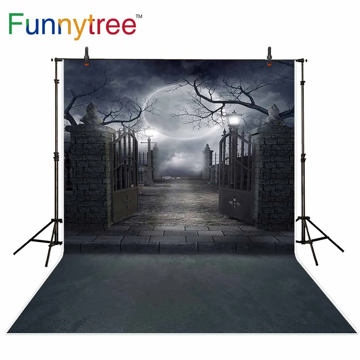 

Funnytree backgrounds for photography studio Halloween night moon Old gate tree path professional backdrop photobooth