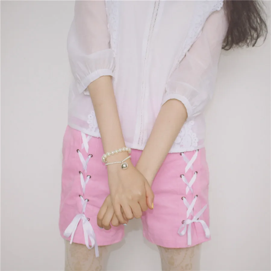 Лето японский мягкий сестра розовый Шорты для женщин Симпатичные Для женщин Лолита Kawaii повязки Вельветовые женские короткие штаны Кружево