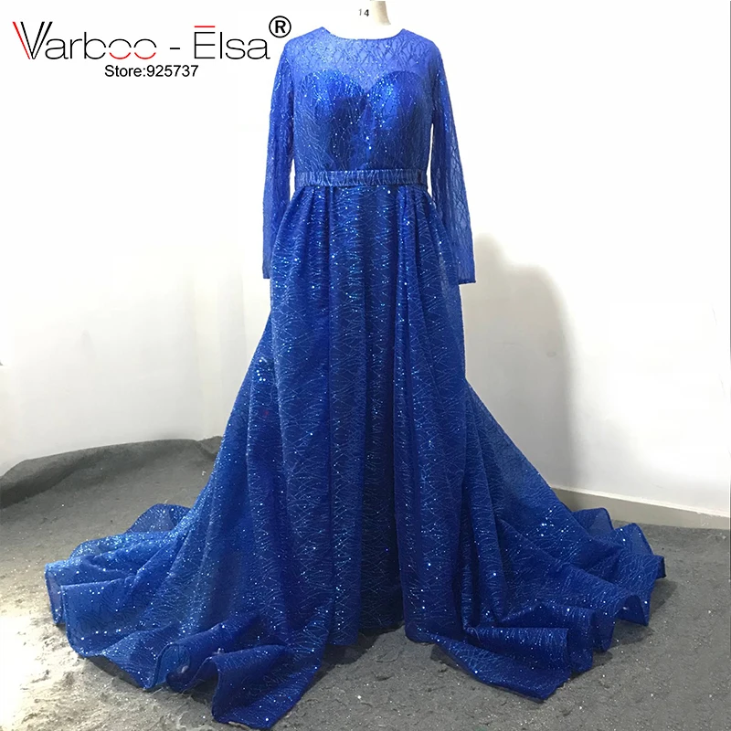 VARBOO_ELSA Сексуальная See Through блеск с длинным рукавом Вечерние платья 2018 Королевский синий цвет Арабский Дубай торжественное платье Вечерние