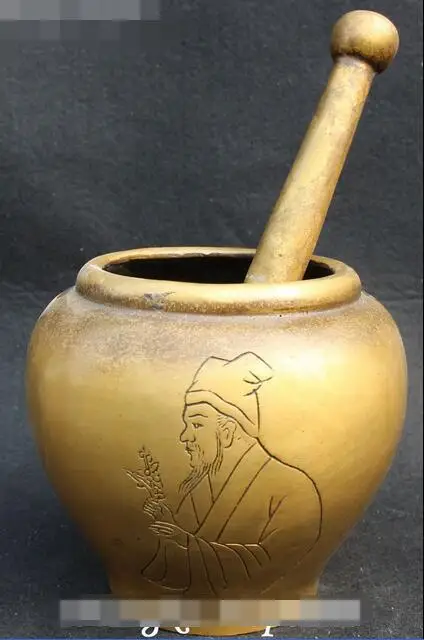 

8" Ancient Chinese Antique Pure Bronze Old Man Word Gallipot Medicine Bottle Pot