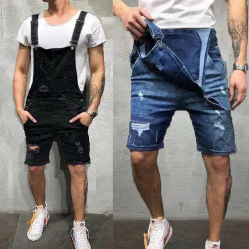 Men Pencil Pants Ripped Bib Jumpsuit Suspender Overalls Male Solid Summer Pants Overall