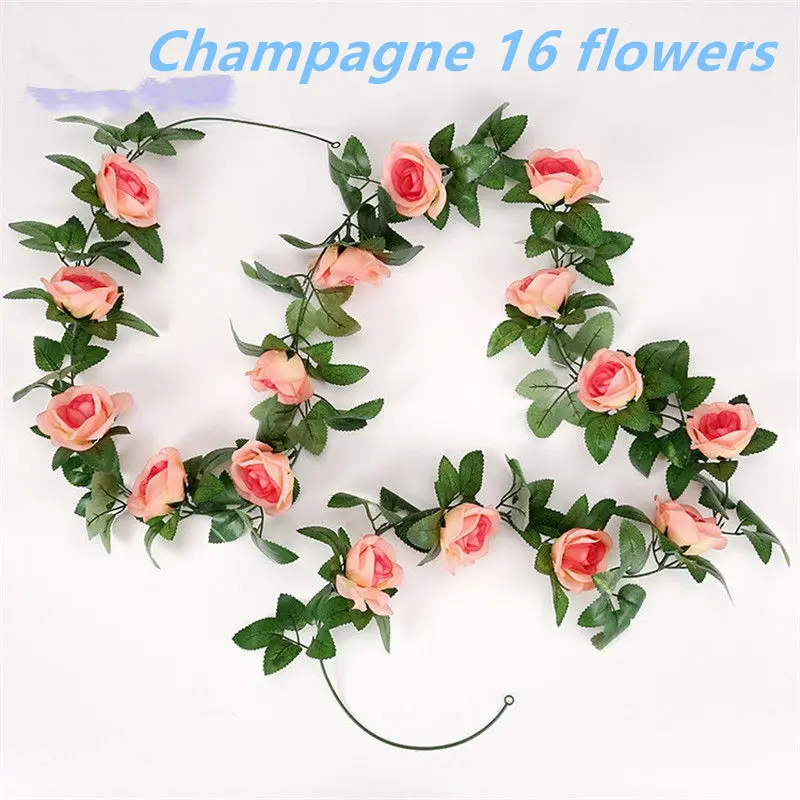 1pcs/lot 230-250cm Artificial Flowers Silk Roses Ivy Vine diy with Green Leaves Fake leaf artificial flowers for home decoration - Цвет: Champagne-16 flower