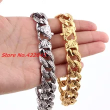 New Fashion Mens Bangles 15mm Solid Gold color or Silver Stainless Steel Cast Flower Cuban Link Chain Bracelets 9″ Jewelry