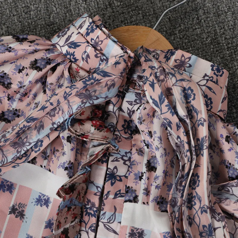 Blusas Mujer, винтажные шифоновые женские блузки с принтом, подиумная Свободная блузка с оборками, с длинным рукавом, с бантом, на шнуровке, рубашка размера плюс, топы