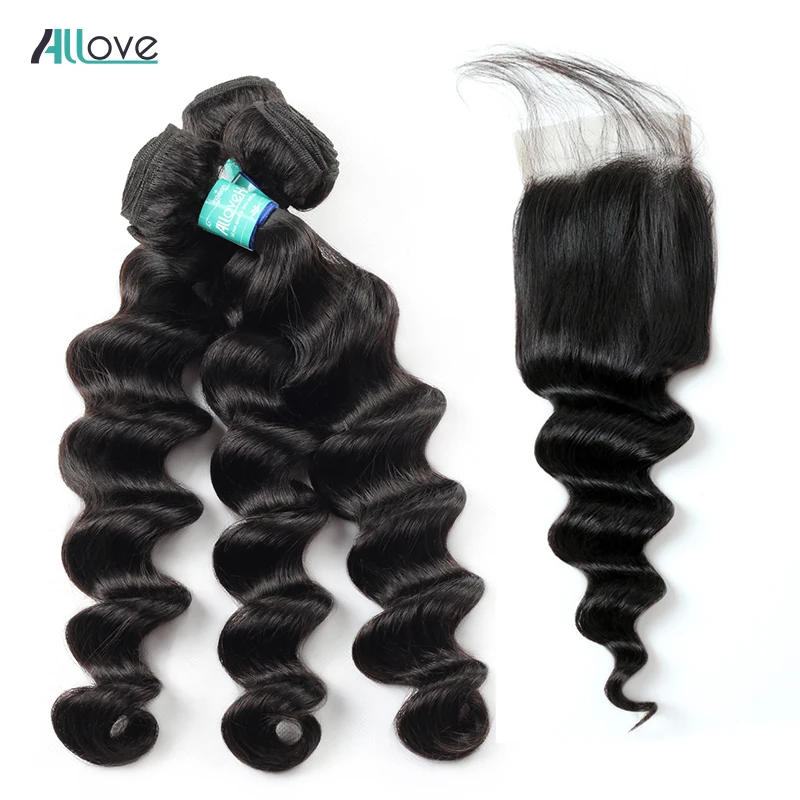 

Allove Loose Deep Wave Bundles With Closure Brazilian Hair Bundles With Closure 100% Remy Human Hair 3 Bundles With Closure
